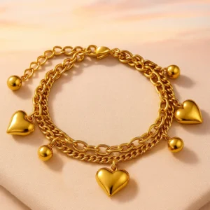 18kt Gold Plated Multilayer Heart charm Anti Tarnish  Bracelet
